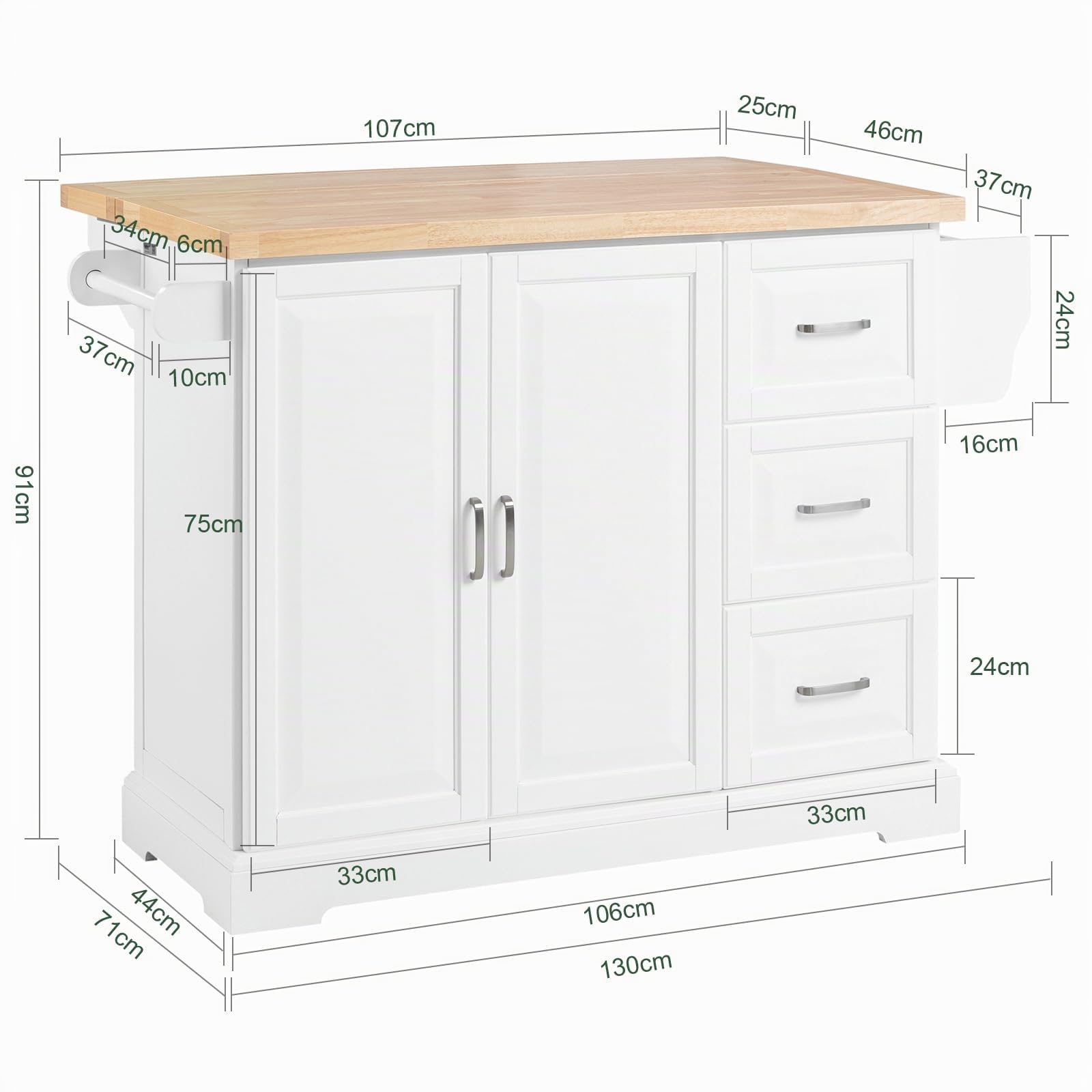 SoBuy Kücheninsel mit Rollen, mobiler Küchenwagen mit ausklappbarer Massivholz-Arbeitsplatte und 3 Schubladen, mobiler Küchenschrank für kleine Küchen und Familien, Weiß, 130x91x(46-71) cm FKW41-II-WN