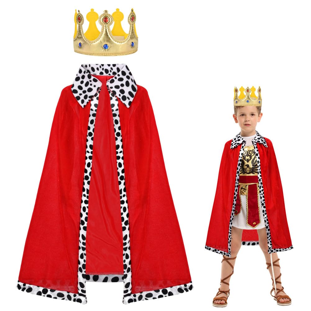 AOOWU Kids King Costume with Cape and Crown,Red Velvet Royal Cloak with Detachable Crown, Unisex Cloak Medieval Costume for Halloween Christmas World Book Day Birthday Party,One Size (80cm)