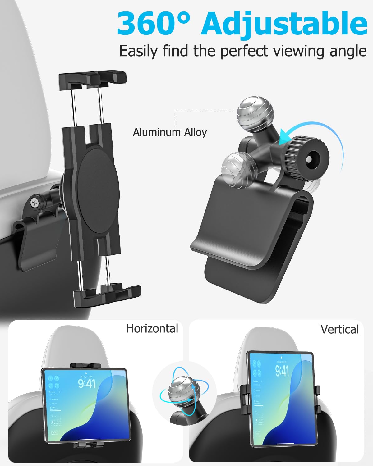 Tesla Tablet Halterung Rücksitz, Model 3/Y Kopfstützenhalterung für Kinder | Tesla Kopfstütze iPad Halter [Kugelkopf aus Metall & 360° Drehung] für iPad Pro Air Mini, Galaxy, Fire, Handys, 4–13"