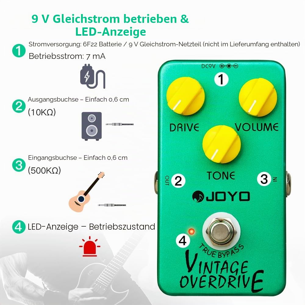JOYO Vintage Overdrive Pedal Klassisches Röhren-Screamer-Pedal für E-Gitarre mit True Bypass (JF-01)