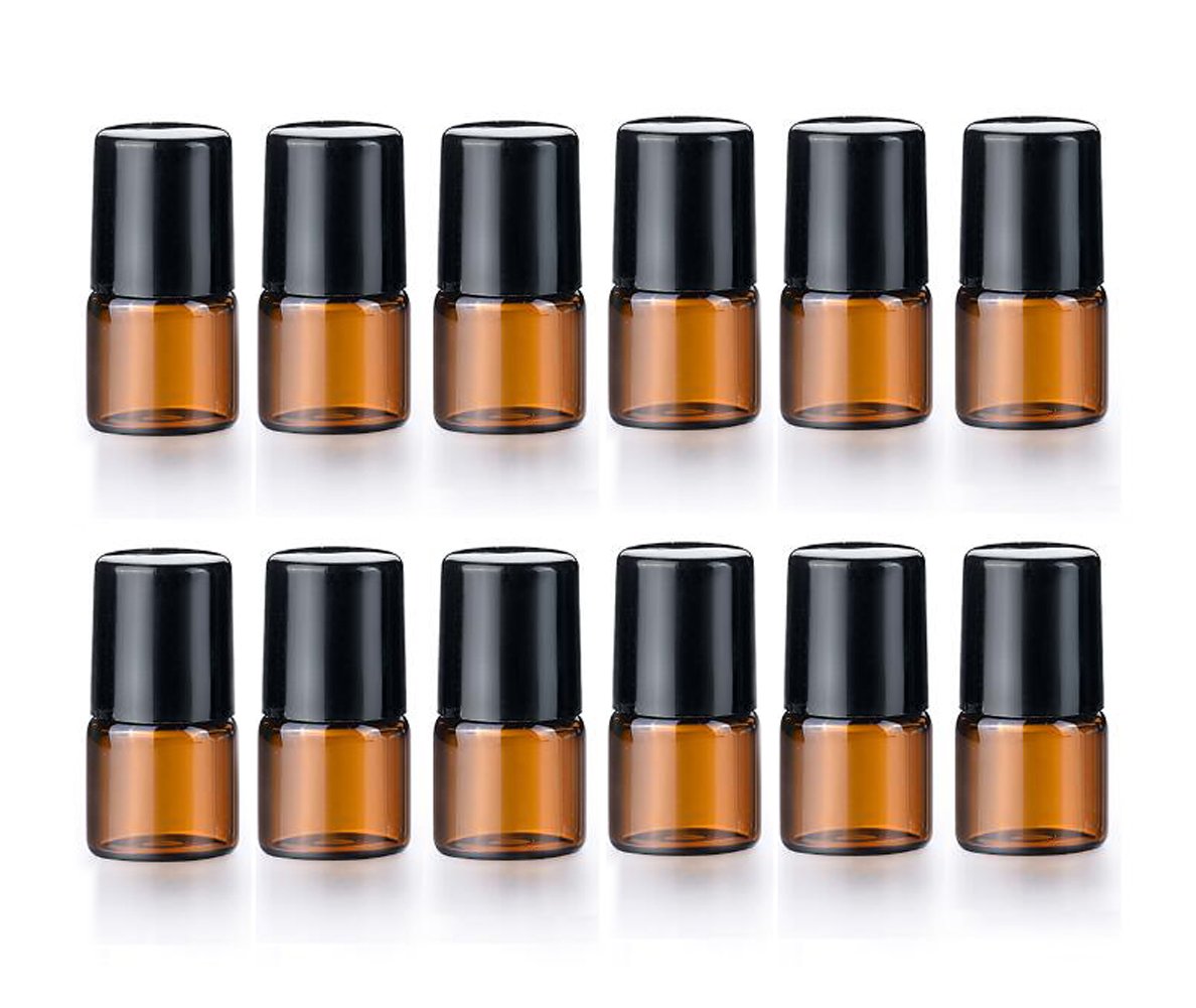 12 Pcs Essential Oil Glass Roller Bottles Mini Tiny Refillable Empty Aromatherapy Perfume Liquid Amber Glass Roll On Bottles Vials Metal Rollerball Bottles Jar (2ML)-image-9