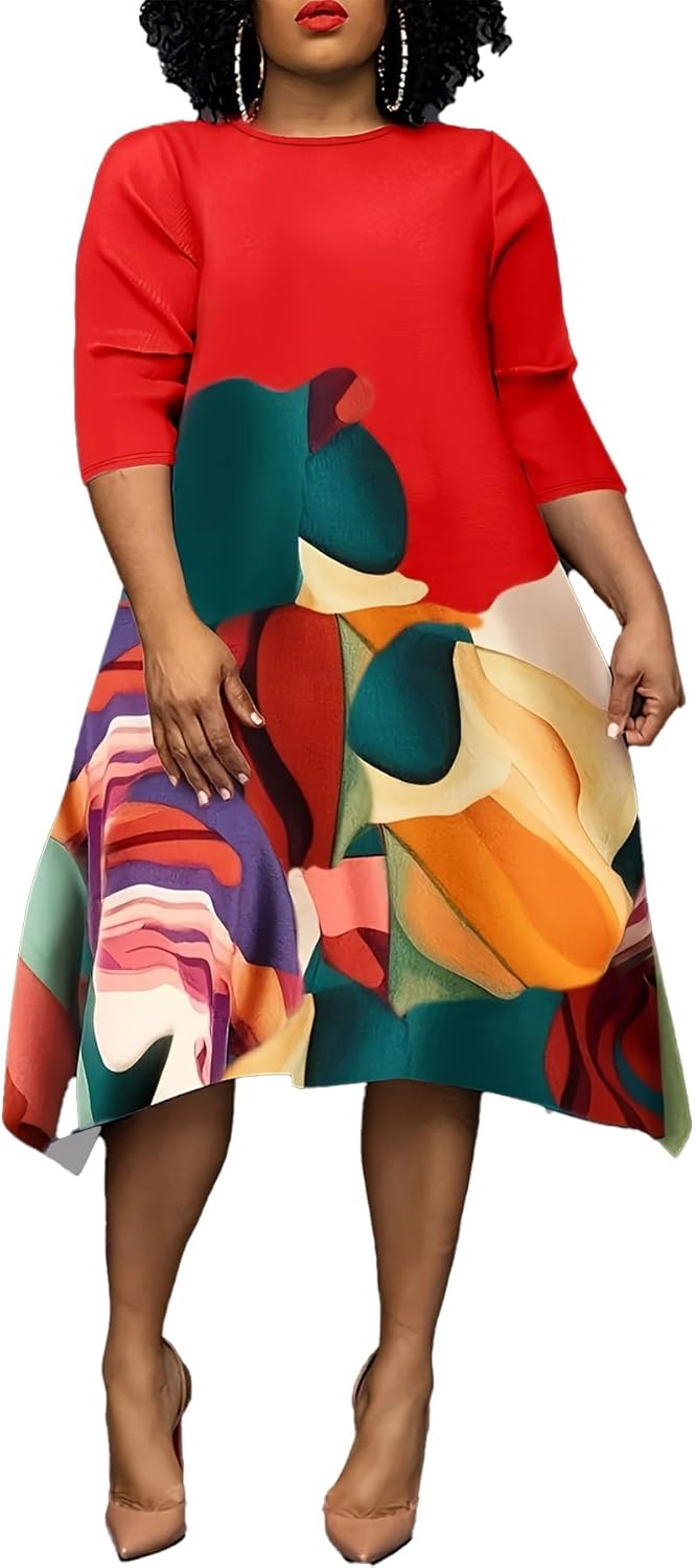 Women's Plus Size Midi Dress Floral Print 3/4 Sleeve A-Line Asymmetric Hem Casual Flowy Party Beach Midi Dresses