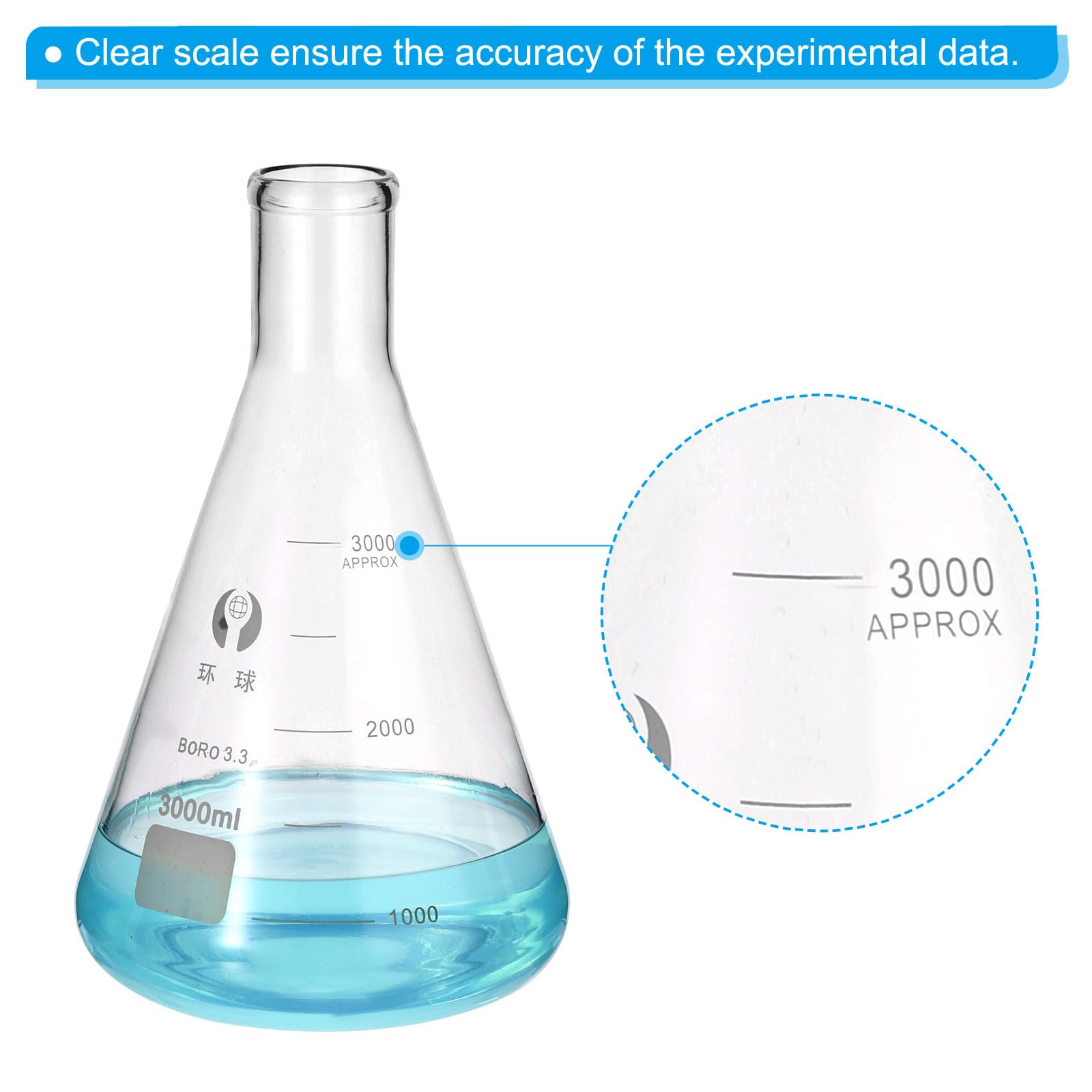 PATIKIL Erlenmeyerkolben 3000ml 101.4oz Schmalhals Messkolben Borosilikatglas Mit Aufgedruckter Skala Für Labor Experimente Chemie Wissenschaft Studium
