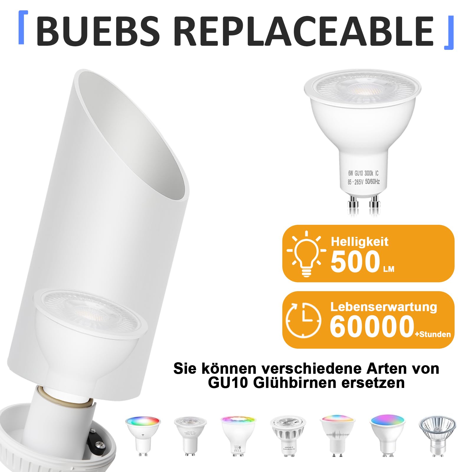 LED Sol Spot – 6W Lampe de Sol pour Intérieur, Noir, 3000K Blanc Chaud, Avec Ampoule GU10 LED 500LM, Spot avec Interrupteur Pied (Blanc, 1 paquet)