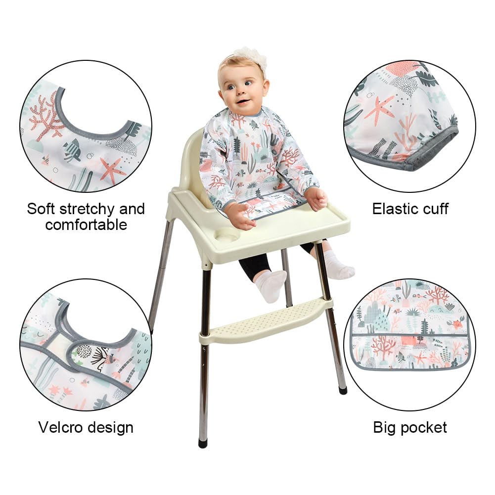 Vicloon Bibs with Sleeves, 5Pcs Long Sleeve Waterproof Bibs, Unisex Feeding Bib with Large Pocket - Image 3