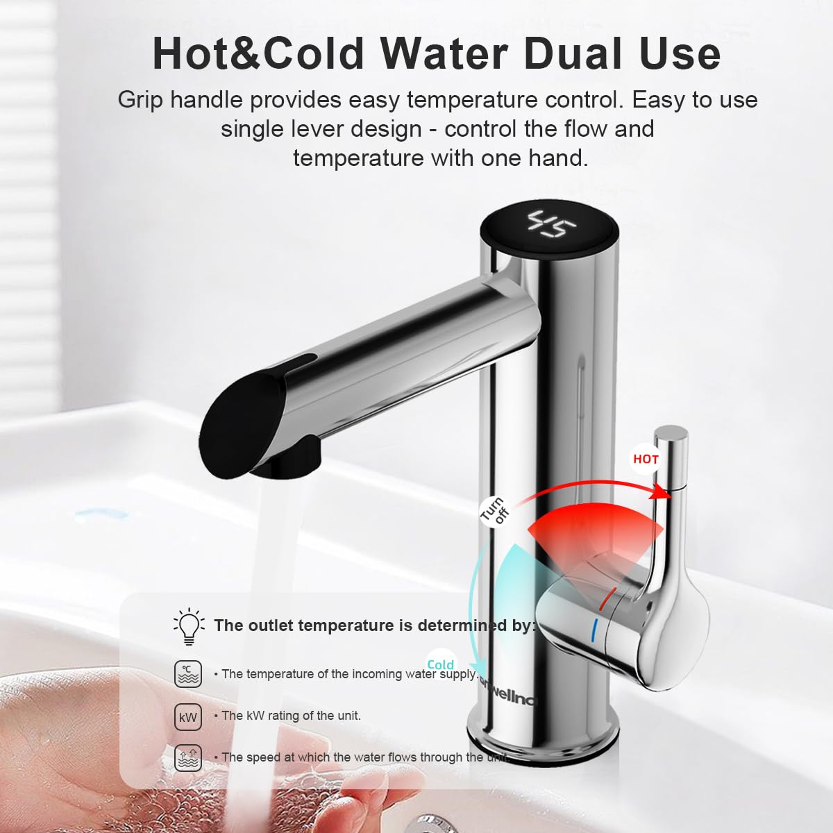 Edelstahl Elektrischer Wasserhahn, 220V Warmwasserhahn,Durchlauferhitzer Wasserhahn für Bad, Elektrische Armatur mit Digitalanzeige (Chrom)