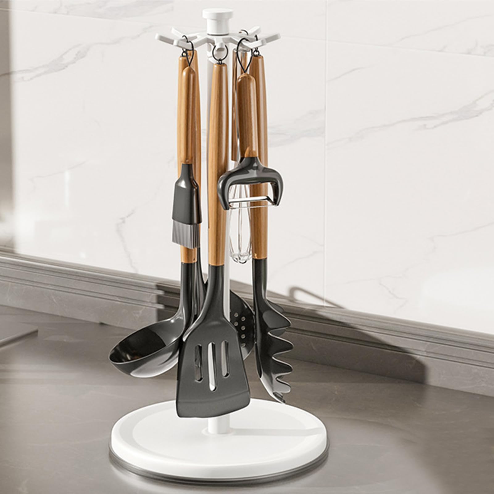 Organizer da cucina girevole a 360°, accessorio stabile per il piano di lavoro, per spatole, fruste e cucina, supporto compatto con 8 ganci per utensili da cucina