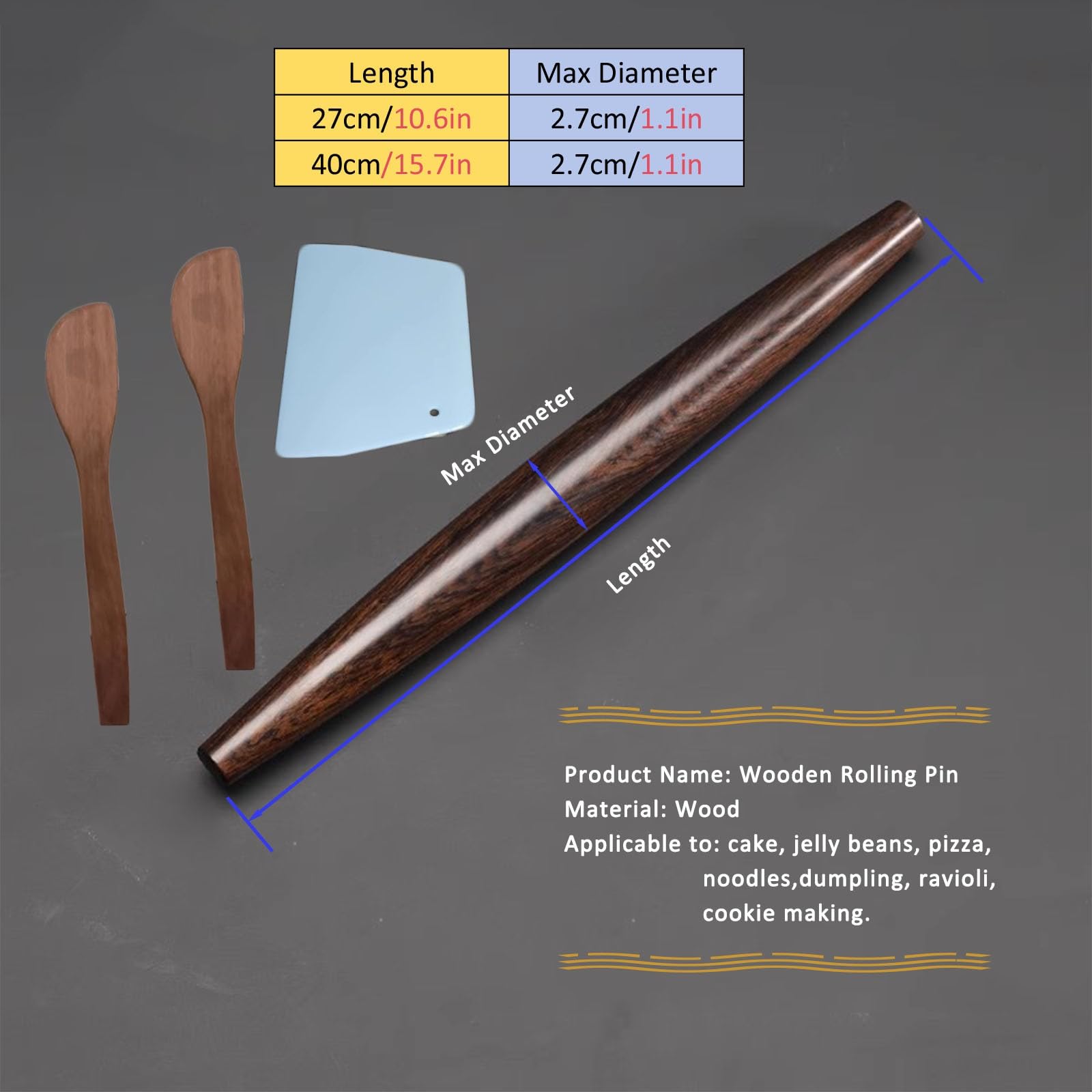 Rodillo de amasar cocina Rodillos de repostería de diseño cónico 27 40 CM, Rodillo francés con rascador de plástico y cucharas para rellenar, Rodillo de pasta para noodles Dumpling Wonton Bao Bun(Dark