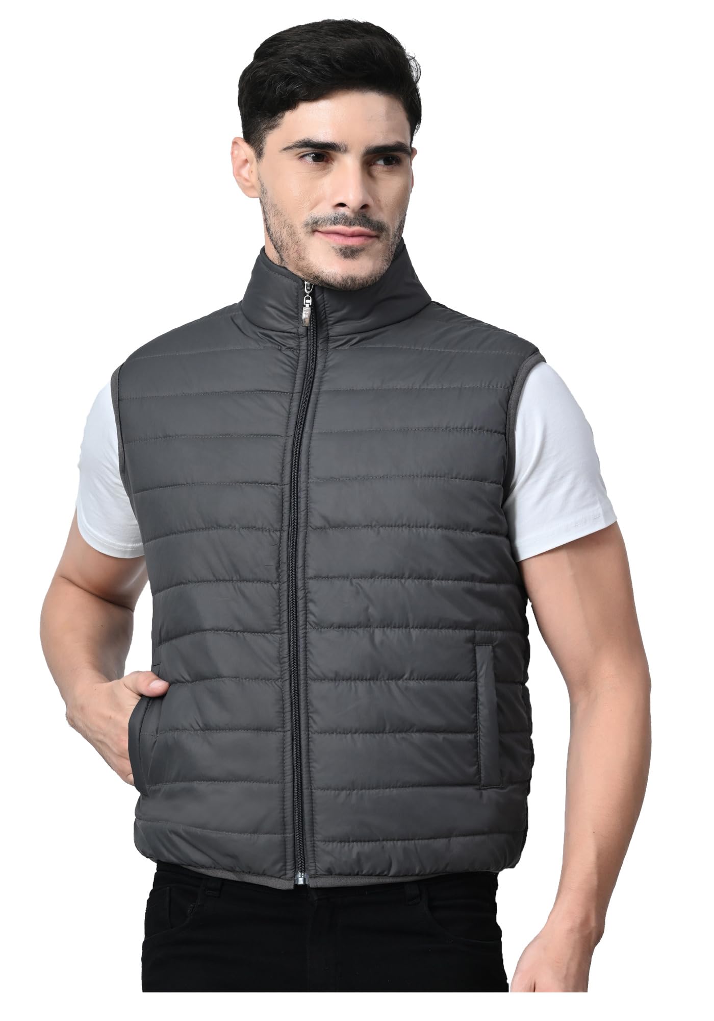 Men Solid Polyester Sleeveless Bomber Jacket Winter Quilted Puffer Vest Full Zip High Neck Lightweight Warm Jacket Both Side Pockets Regular Fit Casual Outdoor Wear-image-8