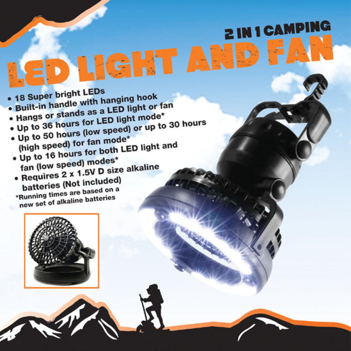 Camping Lamp With Ceiling Fan LED 18pz in Abs Nero 2pezzi | Luce per Tenda da Campeggio, Ventilatore Campeggio da Appendere, Festa Estiva