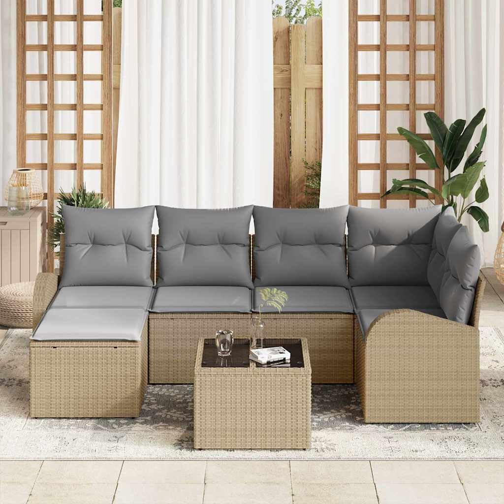 Ensemble de canapés de Jardin modulable 7 pièces Beige et Gris Clair en polyrotin avec Coussins, Structure Acier poudré pour terrasse, Salon Outdoor détente