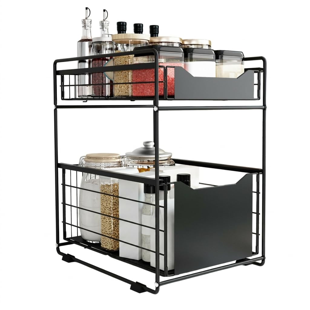 DAWNYIELD Under Sink Storage, 2 Tier Pull Out Cabinet Organiser Sliding Basket, Cupboard Organiser with Storage Drawers, Metal Kitchen Organisation Shelf, Spice Rack for Kitchen Bathroom Pantry, Black