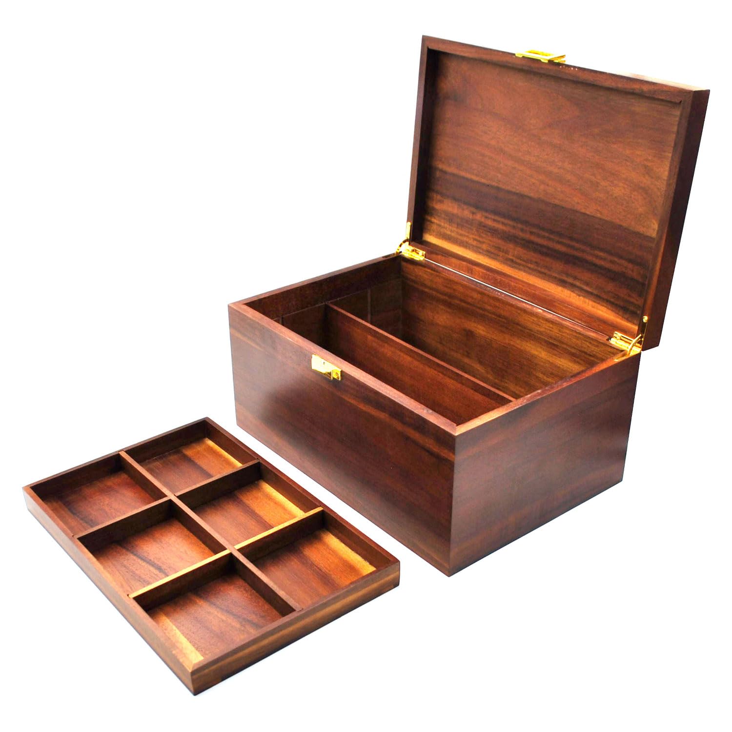 Große Holz Aufbewahrungsbox mit Klappdeckel & Herausnehmbarem Fach, Vintage Akazienholz Schatztruhe (ca. 30,5 x 21,6 x 16 cm) - Ideal für Schmuck, Souvenirs, Werkzeug & Kleinteile