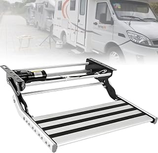 Electric RV Step, Folding Aluminum Alloy Camper Step with Led Light Strip | Reinforced Springs, 440lbs Load Capacity & Non-Slip Pedal,RV Step for Motorhomes, Campers, Caravans Etc(Single,24V)