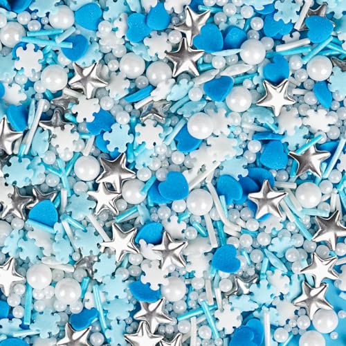 Image of Edible Winter Sprinkles for Cake Decorating,Frozen Blue Heart White Snowflake Silver Star Pearl Jimmies Mix,Confetti Sprinkles 130g /4.58oz,Snowflakes Sugar Pearls for Decorations Baking,Cake Ice Cream Cookies Cupcake Topper Chocolate,Birthday Holiday Children Party Sprinkle