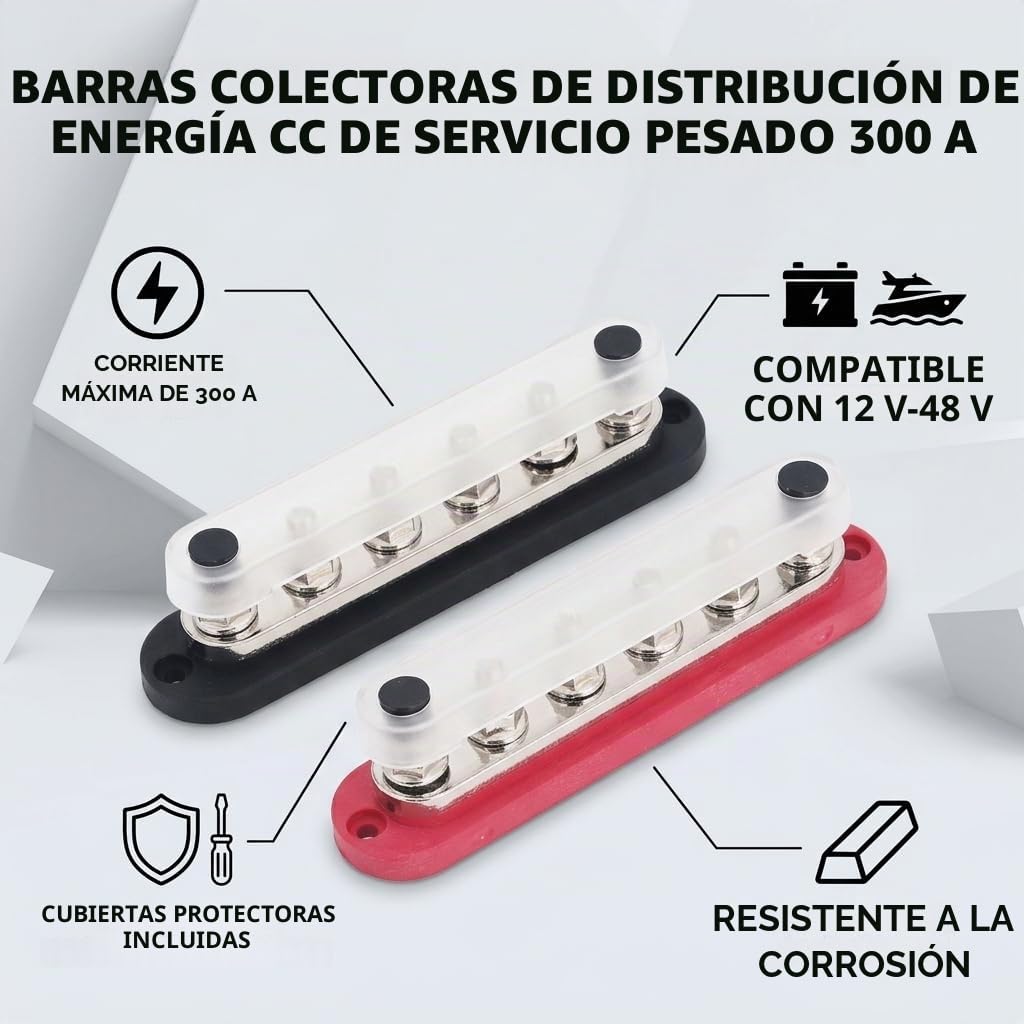 2 Uds M8 Barra Colectora Bloque de Distribución de Energía Batería Marina Automotriz Bloque de Terminales Barra Colectora del Bloque de Terminales Juego 300A 12‑48V con Cubierta