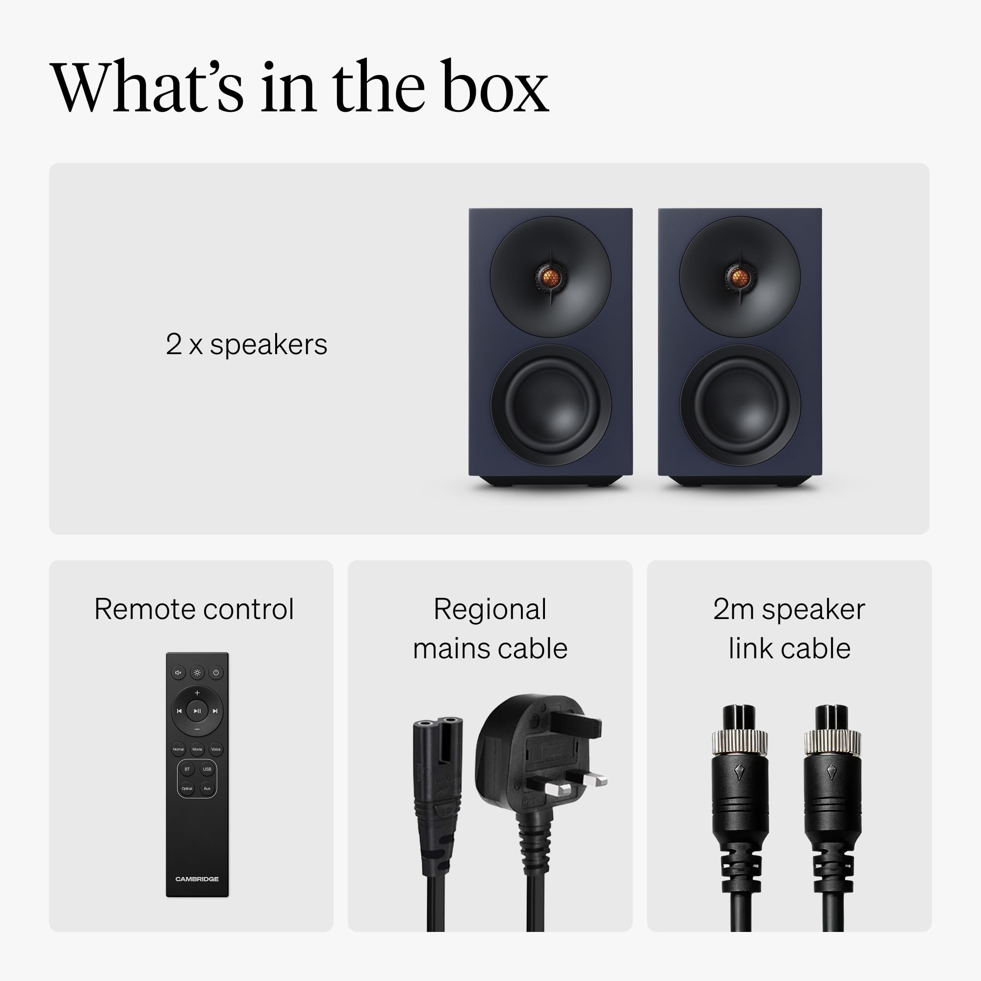 Cambridge Audio L/R S - 100W Diffusori Stereo Attivi Compatti con Bluetooth aptX HD, USB Audio, Ingressi Aux & Ottico, Uscita Subwoofer, Telecomando, Room Positioning, DynamEQ – Blu