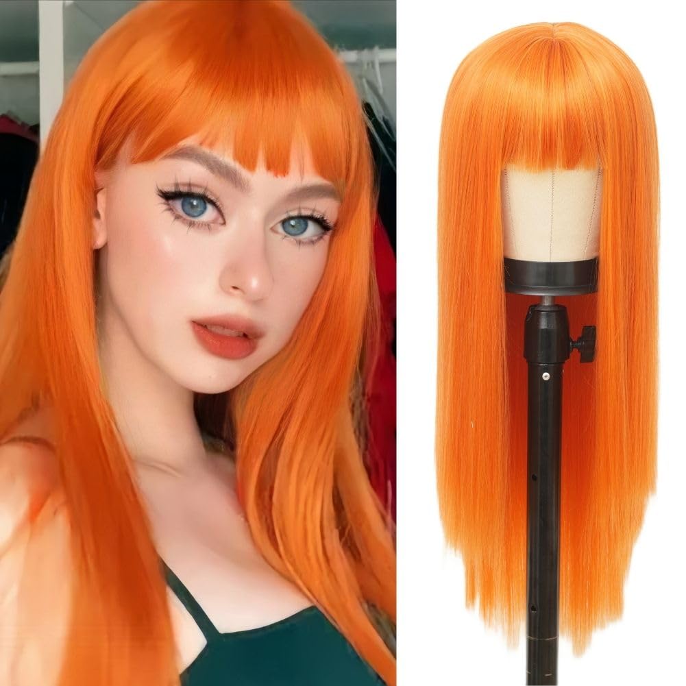 Siudus Orange Long Straight Wig with Bangs Womens Synthetic 28 Inch Natural Hair Wig for Cosplay Daily Use (Orange)