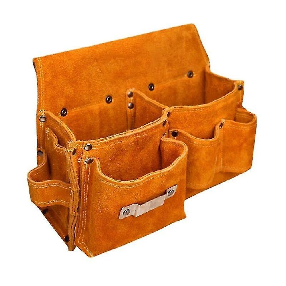 Bolsa de herramientas de cuero para carpinteros, cinturón de trabajo resistente con bolsillos dobles uno al lado, construcción duradera de gamuza de vaca, 26 x 9 x 18 cm, amarillo 1008 (cinturón de