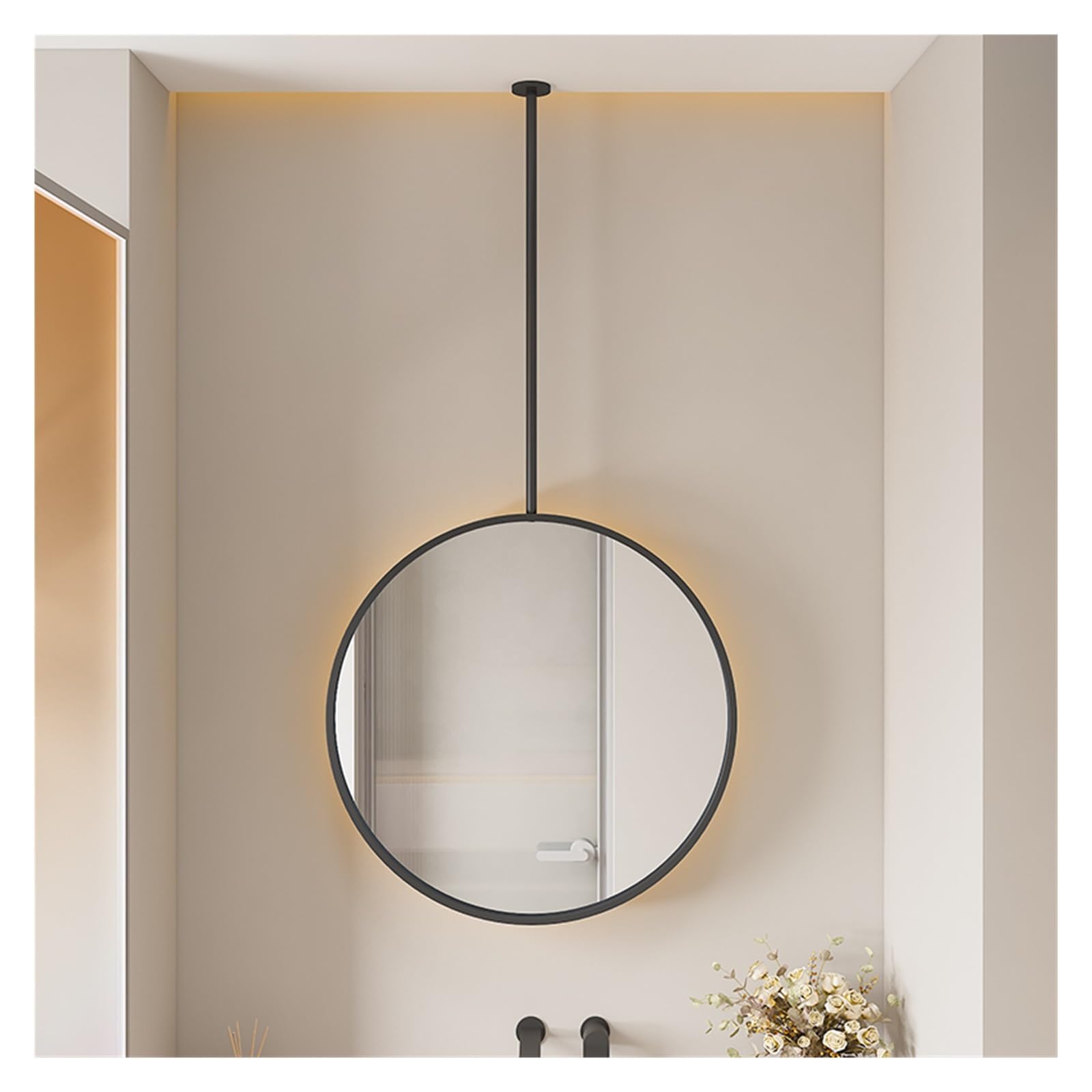 BKSXSOP Illuminated Oval Mirror with Touch Control, Backlight Ceiling-Mounted & Wall-Mounted Design, Customizable Hanging Rod (Black, 70cm) - Modern Bathroom Decor
