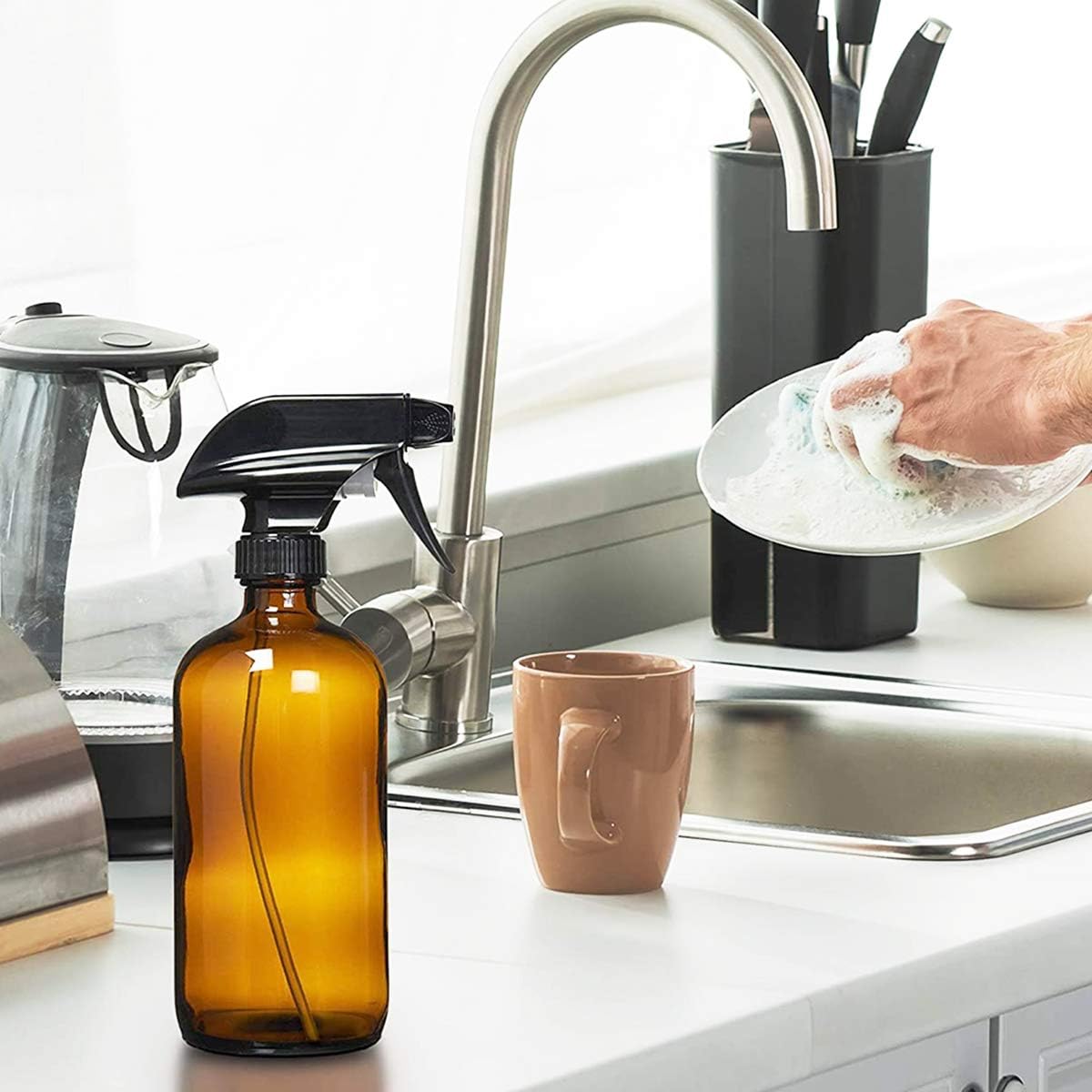 16oz Empty Amber Glass Spray Bottles with Mist and Stream Settings Trigger Sprayer-Refillable Container for Essential Oils, Cleaning Products, Aromatherapy, Plants, Kitchen, Hair(2 Pack) (Amber)