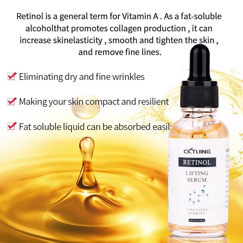 Miniatura 5 de CKTUING Suero de retinol cuidado de la piel antienvejecimiento, reafirmante y reductor de arrugas con vitamina C, ácido hialurónico e hidratante