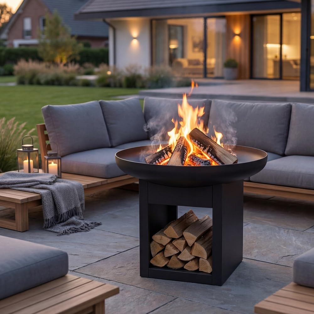 KRATKI Gartenfeuerschale FIRE Stahl Feuerstelle Gartenkamin | Feuerschale für Garten und Terrasse, robuste Konstruktion, schwarz, 48,5 x 60 cm