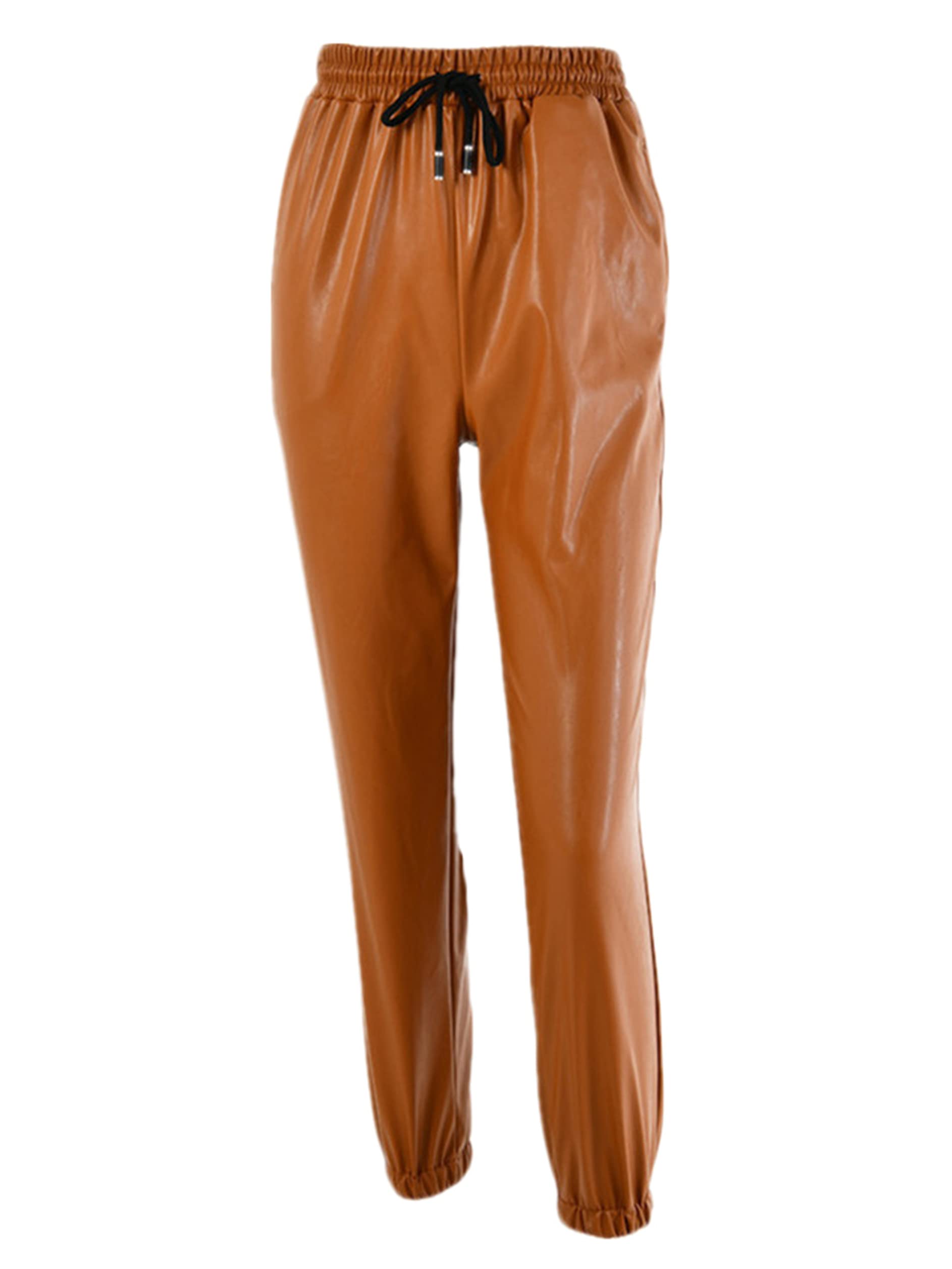 Damskie legginsy ze sztucznej skóry wyglądające na mokre, sznurek, przycięte, zwężane spodnie ze sztucznej skóry z wysokim stanem, seksowne legginsy (brązowy L)