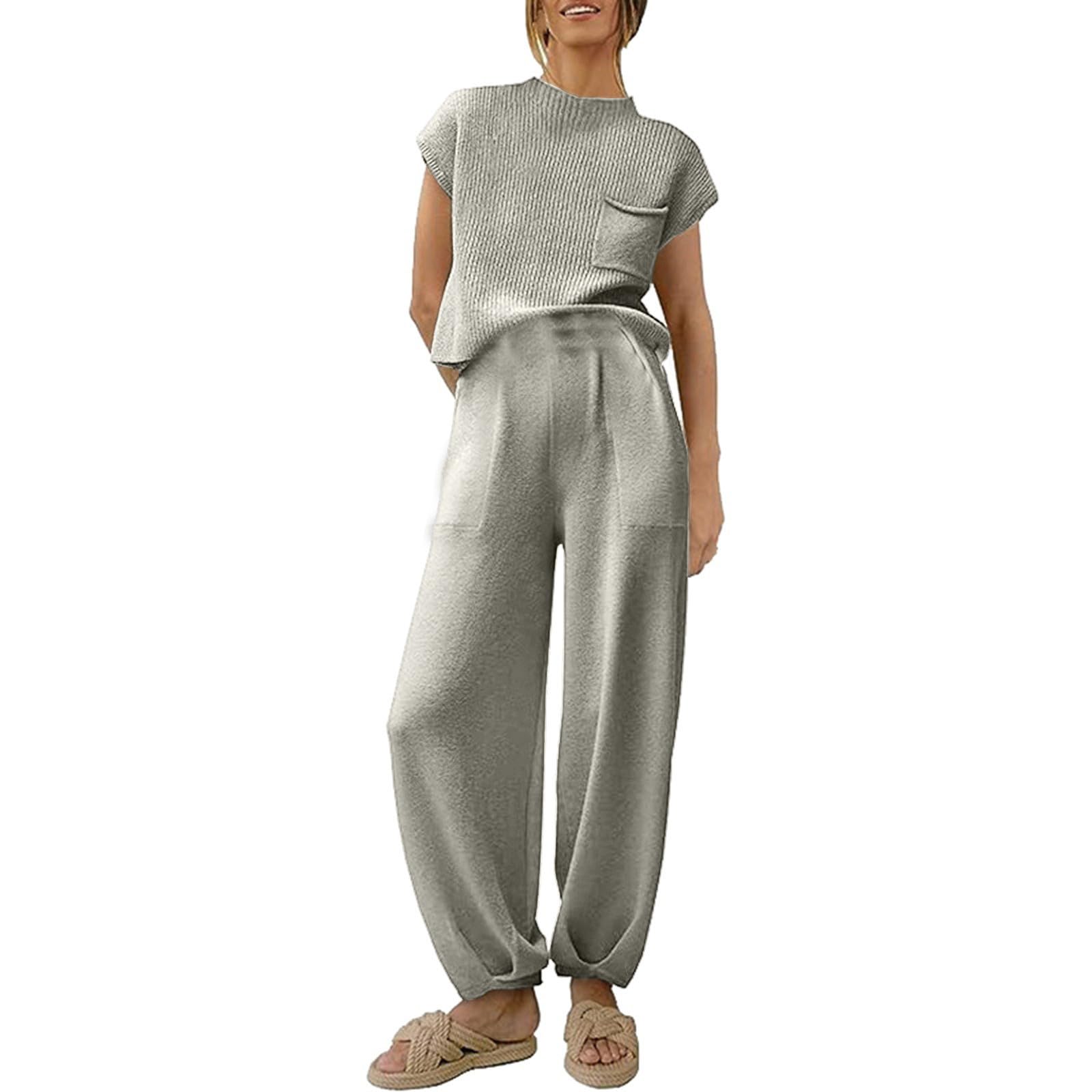 Ensemble Jogging Femme 2 Pièces Survetement Tenues de Sport Chemisier sans Manches+Pantalon Large Tailleur Femmes Ensemble Pantalon Ensembles de Sportwear Décontracté Outfits Chic et Elegant