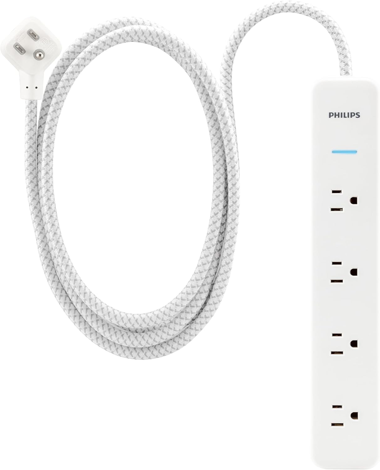 Philips 4-Outlet Surge Protector Power Strip, 4 Ft Braided Extension Cord, Multi Plug Outlet Extender, Adapter-Spaced, 450 Joules, White, SPP3563W/37 (Pack of 3)