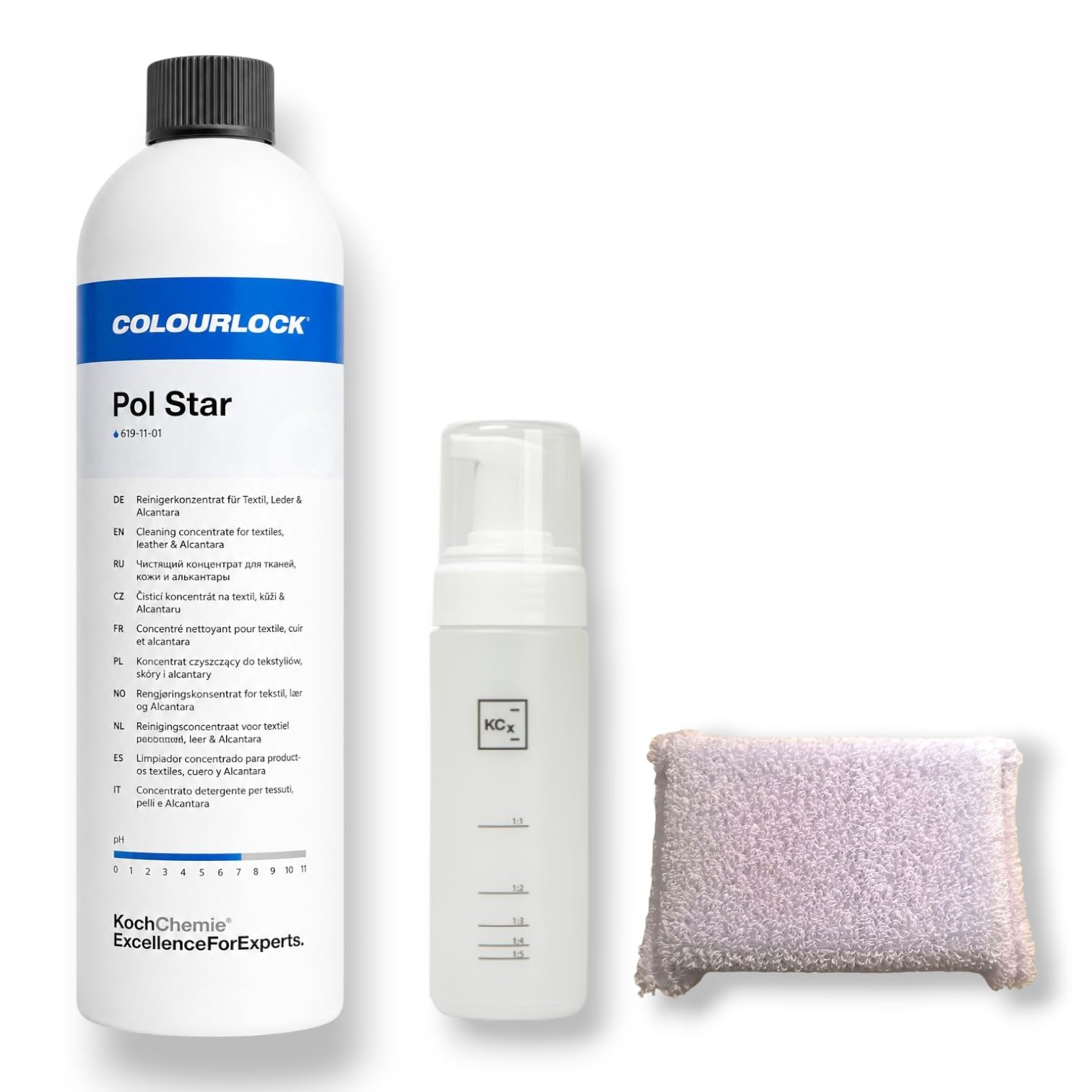 Koch Chemie Colourlock Pol Star | Reinigungskonzentrat für Textil, Leder & Alcantara | 1 Liter (1 Liter Flasche inkl. Foamer Bottle & Scrub Pad)