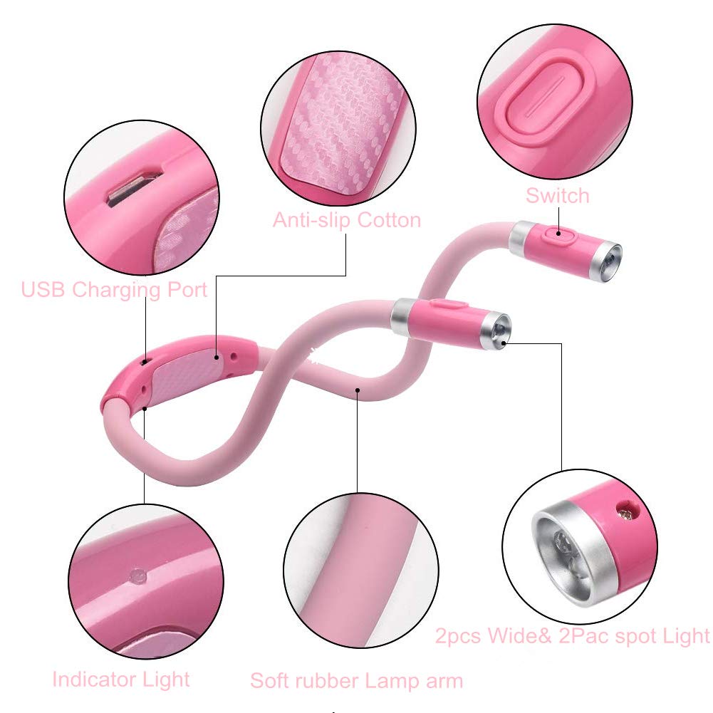Luz LED flexible ajustable manos libres, lámpara de lectura, cuello recargable, 4 luces LED para libro, luz para lectura de cama o lectura en coche, lámpara de lectura USB