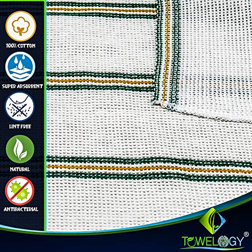 Image of Towelogy Cotton Terry Tea Towels Waffle Weave White Super Absorbent Lint Free Quick Dry Striped Machine Washable 35x40cm (White Green Yellow Stripes, Pack of 5)