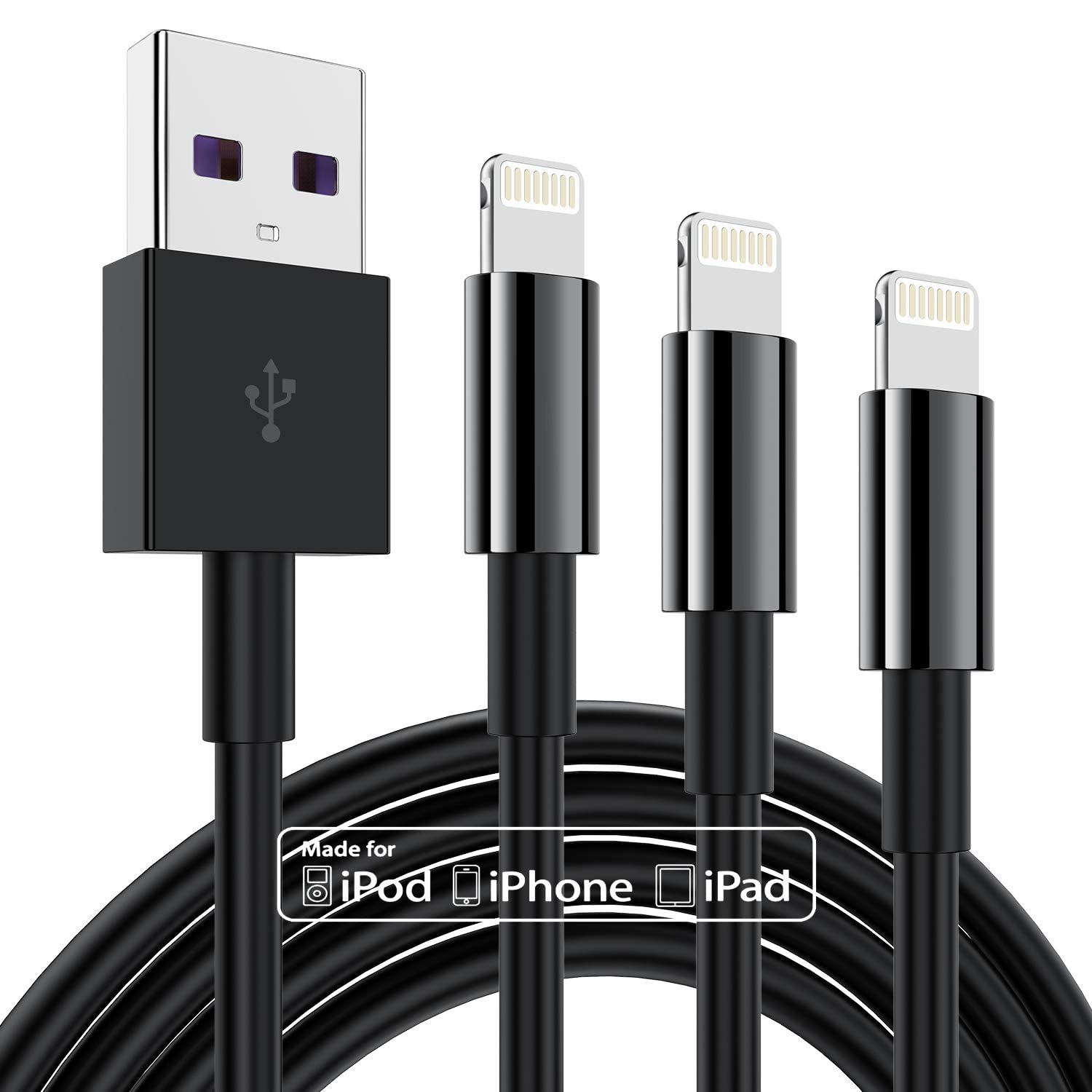 TUMABER 3 Pack Apple MFi Certified 3Ft Lightning to USB Cable, 2.4A Fast Charging for iPhone 12/11/11Pro/11Max/X/XS/XR/XS Max/8/7/6/5S/SE Black