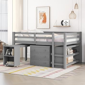 Low Loft Bed with Desk - Solid Wood Kids Loft Bed with Cabinet & Bookshelf Gray/Full