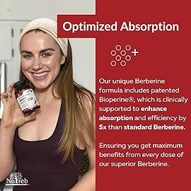 Nutreb Berberine Supplement 1200mg - 5X Higher Absorption - Ultra Pure 98% Berberine HCL - Healthy Weight Management, Immune Support - Non GMO, Manufactured in USA - 60 Vegan Capsules