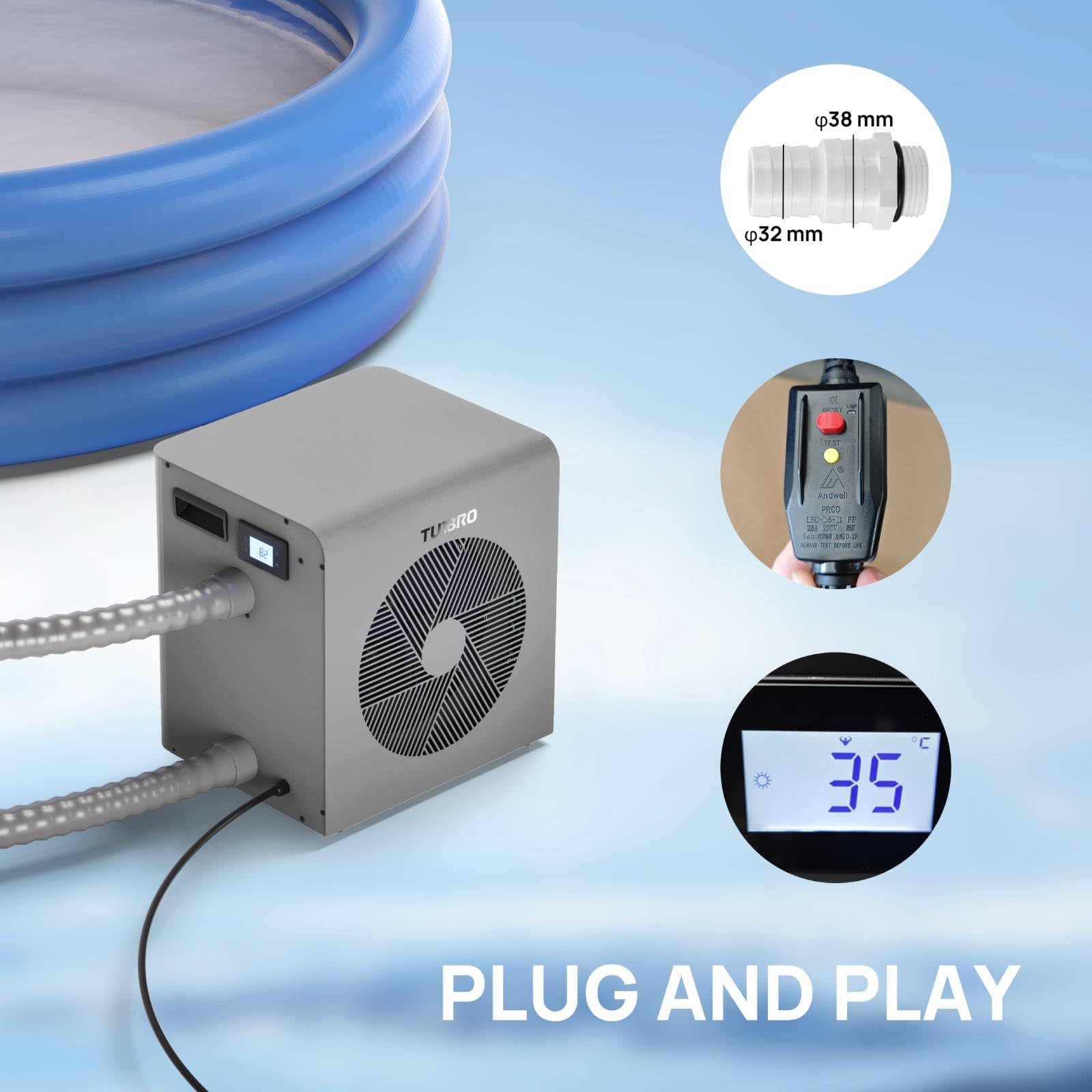 TURBRO 6.000W Full-Inverter Wärmepumpe für Schwimmbecken, Elektrischer Poolheizer für Übererdpools und Spas bis 20 m³, Titan-Wärmetauscher, Bis zu 9,38 COP, IPX4 Wassergeschützt, 220-240V, Beluga B21V