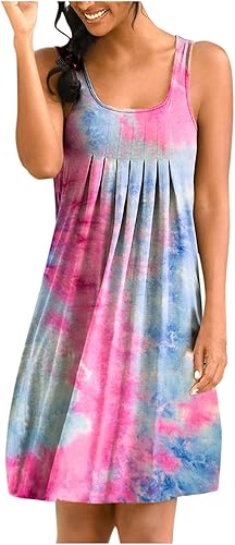 OJinShaWanO Shirt Dresses for Women Tie-Dye Skirt Round Neck Tank Sleeveless Summer Dresses with Pockets Sundresses