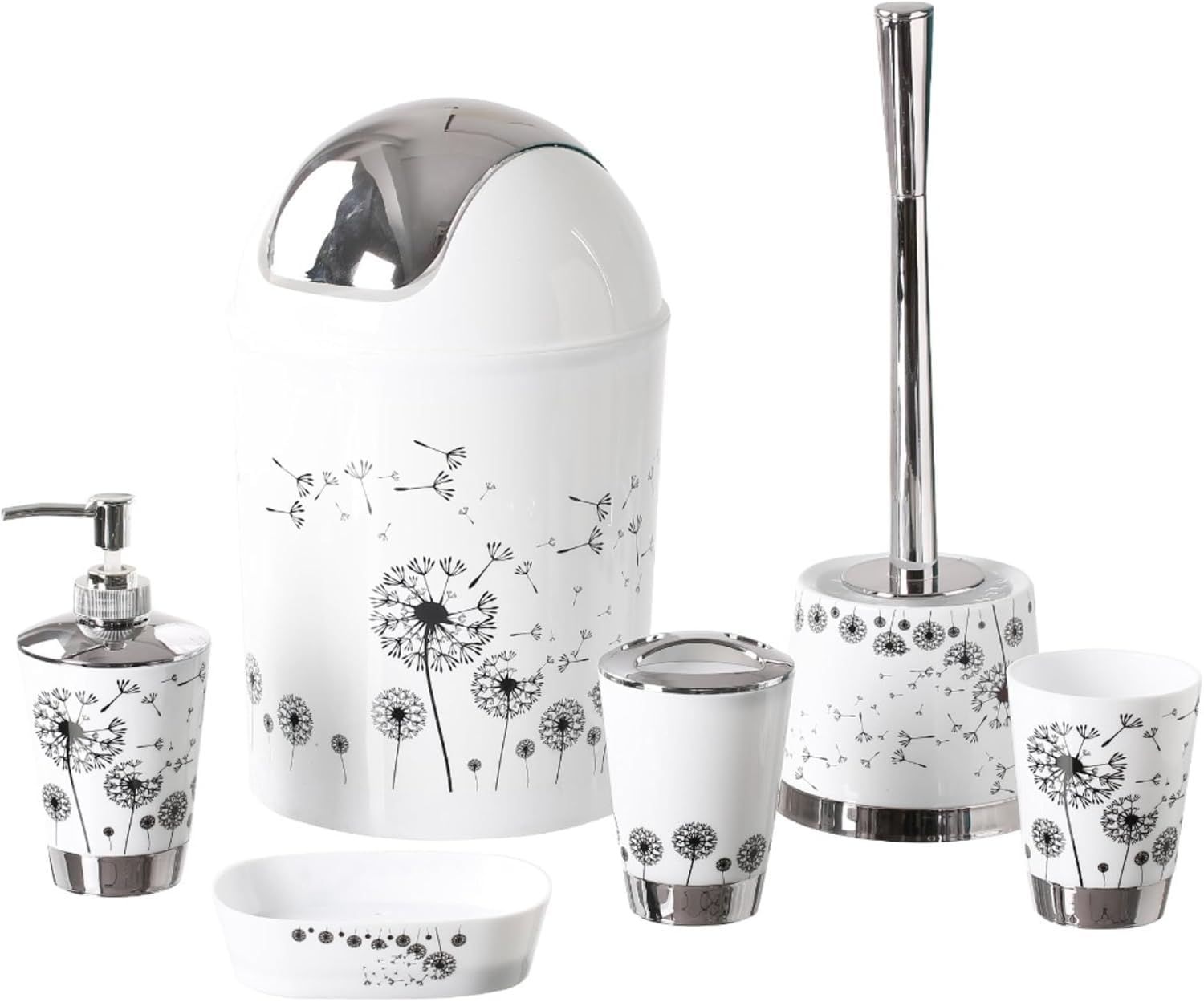 6-Piece Bathroom Accessories Set Luxury Modern Vanity Organizer Bath Set Toilet Brush with Holder, Soap Dish, Soap Dispenser, Toothbrush Holder, Tumbler, Trash Bin (Dandelion)