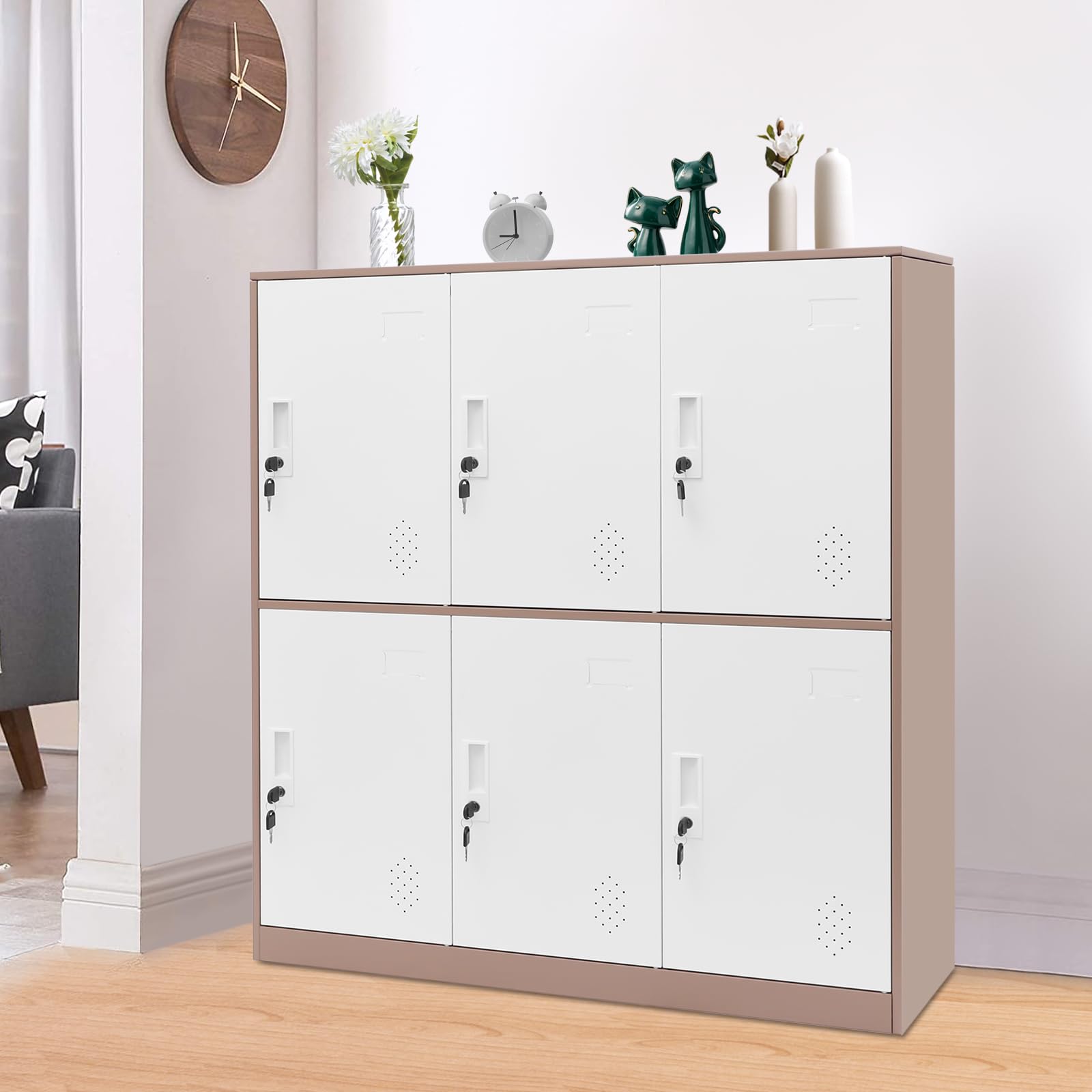 Komoda, Chest of Drawers, szafka do przechowywania z 6 zamykanymi półkami, nośność 220 kg, konstrukcja stalowa, nowoczesne wzornictwo do biura/domu (kolor biały + kawowy)