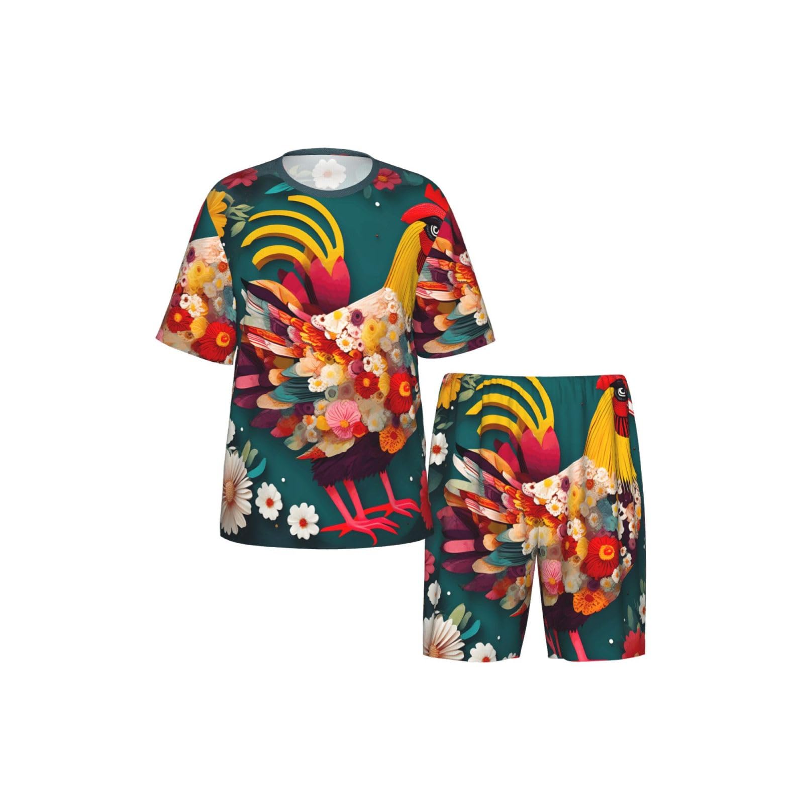Conjunto de pijama clásico con estampado de pollo y corazón de flores, pantalones cortos de pijama suaves para hombre, perfecto para las noches de verano