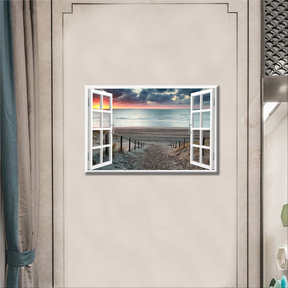TISHIRON 3D Window Effect Coastal Picture Artwork Beach Seascape Canvas Wall Art with Wooden Pathway to Ocean for Bedroom Wall Decor Stretched and Framed Ready to Hang 12x18inch - Image 3