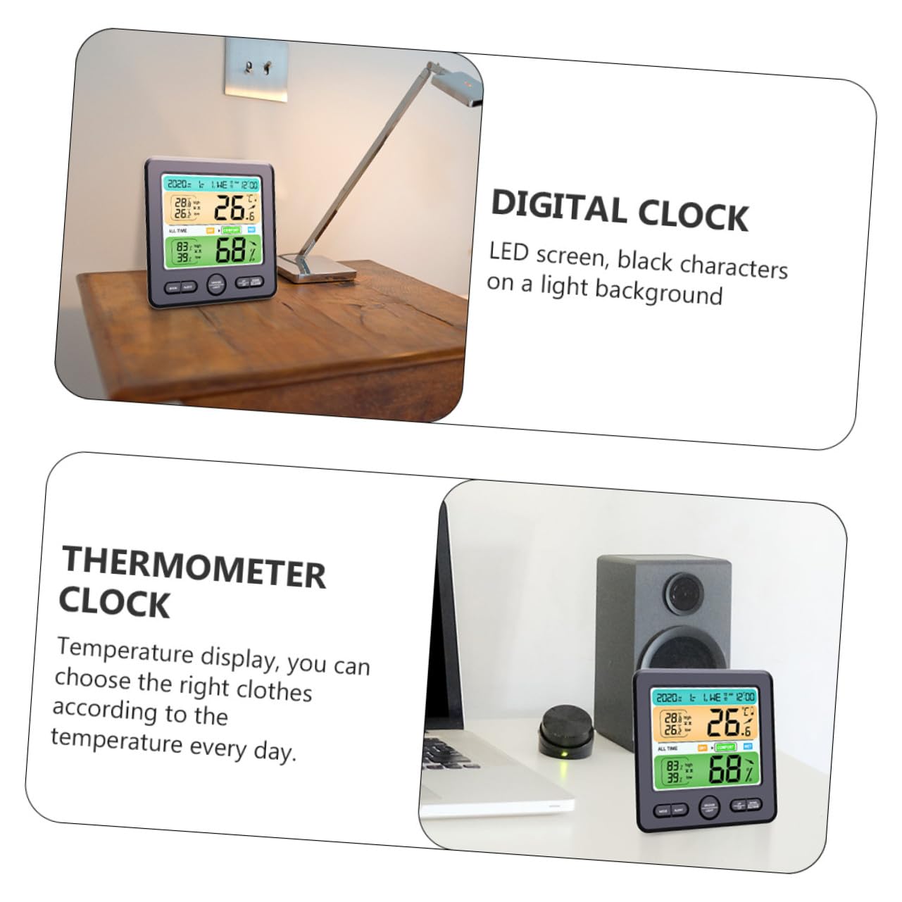 Thermohygrometer Uhr Schwarz mit LED Anzeige, Abs, 1 Stück | Klappbarer Standfuß, ohne Batterie, für Tisch und Wandmontage, Temperaturgenauigkeit ±1 °c, Feuchte ±5 % Rh