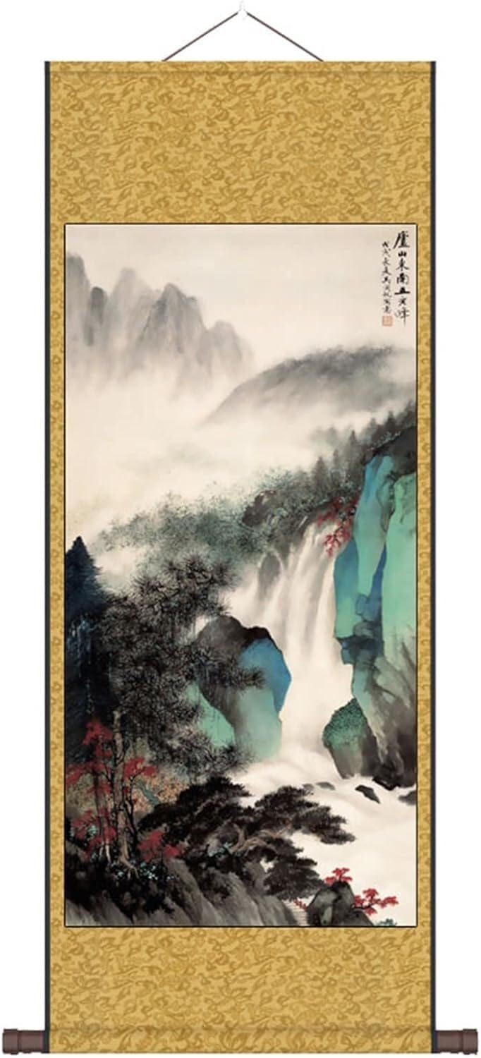 KYUEPONG Scroll mural, Chinese Art Silk Scroll Painting Lushan Landscape Reel Paintings,Oriental Asian Traditional Decor(140x45)