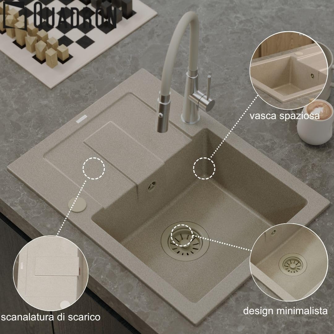 QUADRON Lavello Beige | dimensioni 60 x 45 x 18,5 cm | lavello in granito CHRISTIAN 111 lavello da cucina monovasca | con sifone e scolapiatti manuale | lavello da incasso a 1 vasca