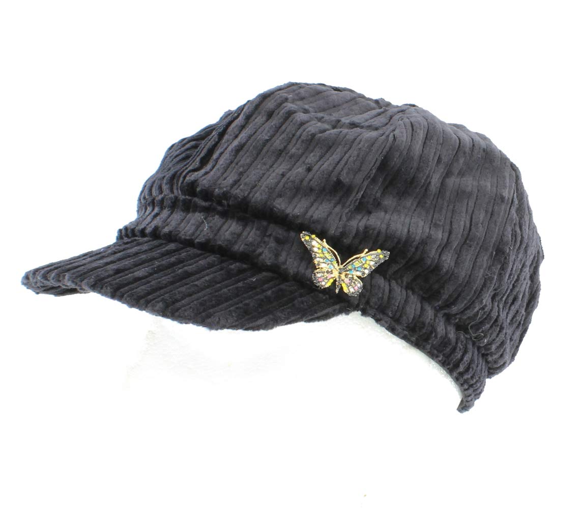 The Hat Company Women's Butterfly Black Cord Bakerboy Cap With Diamante Brooch (Butterfly)