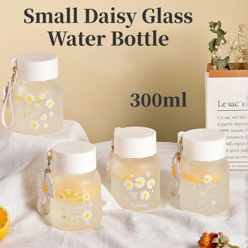 Image of Cute Mini Glass Water Bottle 250-330ml Double Wall Insulated Leakproof Drinking Bottle with Carry Handle Daisy Design Portable Travel Bottle for Kids Girls Office School Daily Use