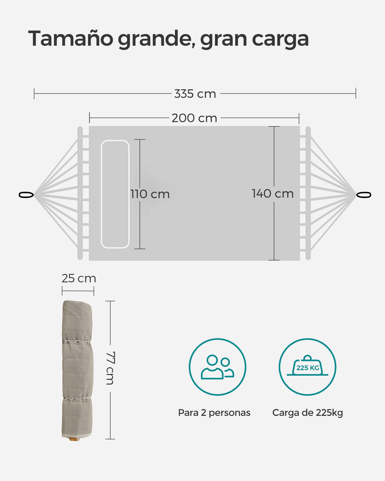 SONGMICS Hamaca Doble Tapizada, Hamaca de Jardín con Barras Curvas de Bambú Separables, con Cojín, para Camping, 200 x 140 cm, Carga de 225 kg, Crema y Beige GDC34BE