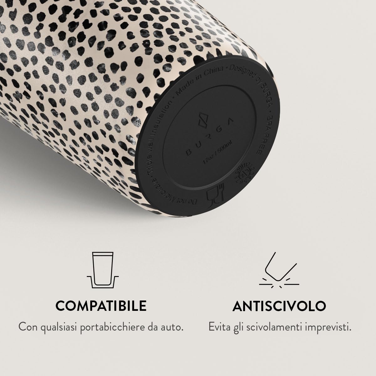 BURGA Bicchiere da Viaggio 500 ml – Bicchiere isotermico in acciaio inox, mantiene le bevande calde fino a 6 h e fredde fino a 24 h, coperchio ribaltabile antiperdita, compatibile con portabicchieri