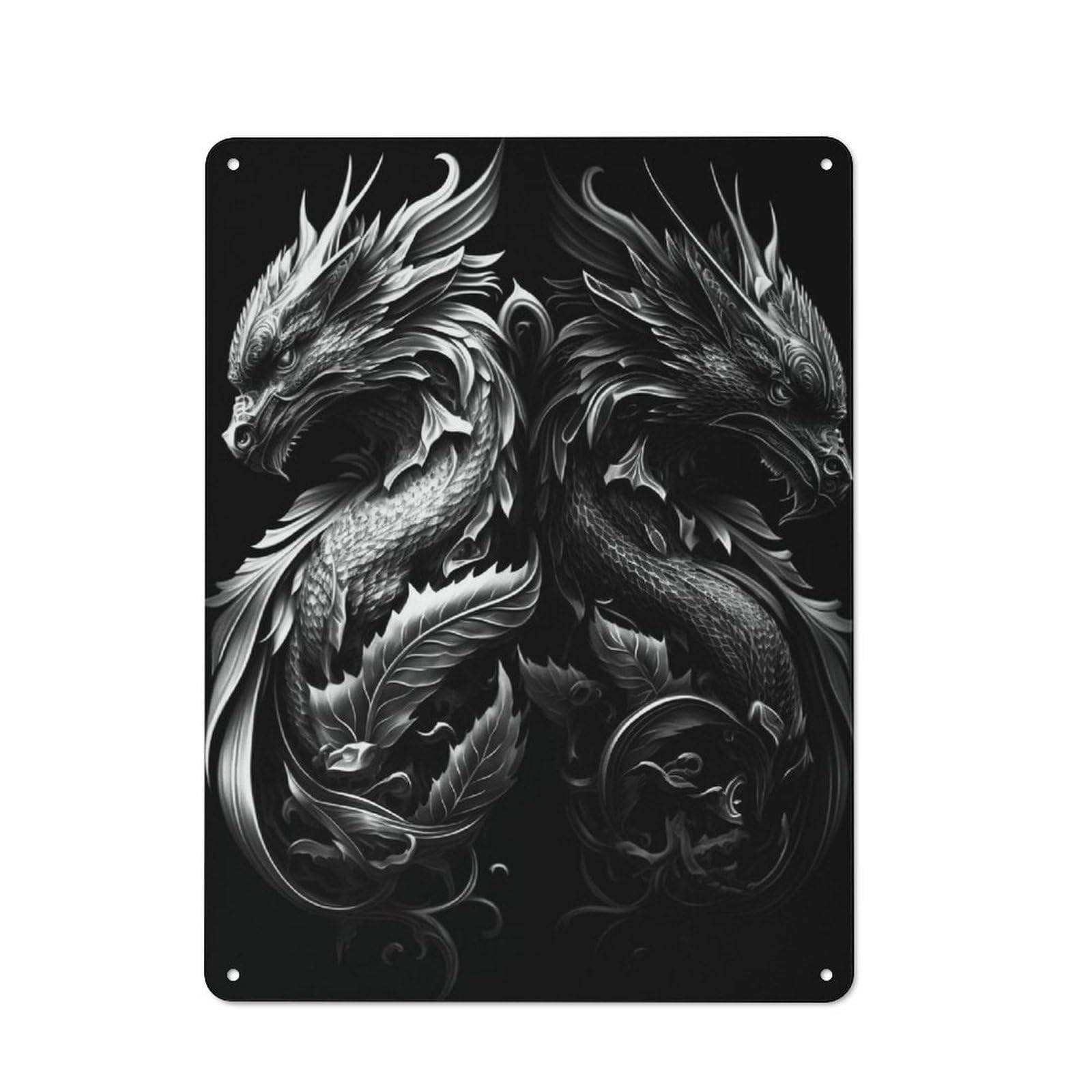 Junmoney Black White Dragon Printed Tin Plaque, Small Wall Accent For Coffee Corner, Diner Or Kitchen Decor, 40X30cm